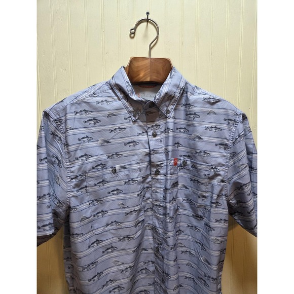 American Outdoorsman Shirt Mens Large Gray Fish Print Button Up Short Sleeve - Picture 1 of 8